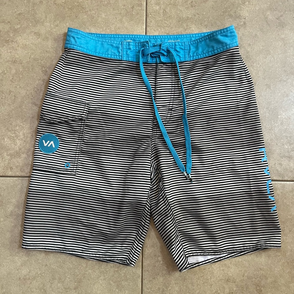 RVCA 28 Classic Fit Non Stretch White and Black Striped Drawstring Board Shorts